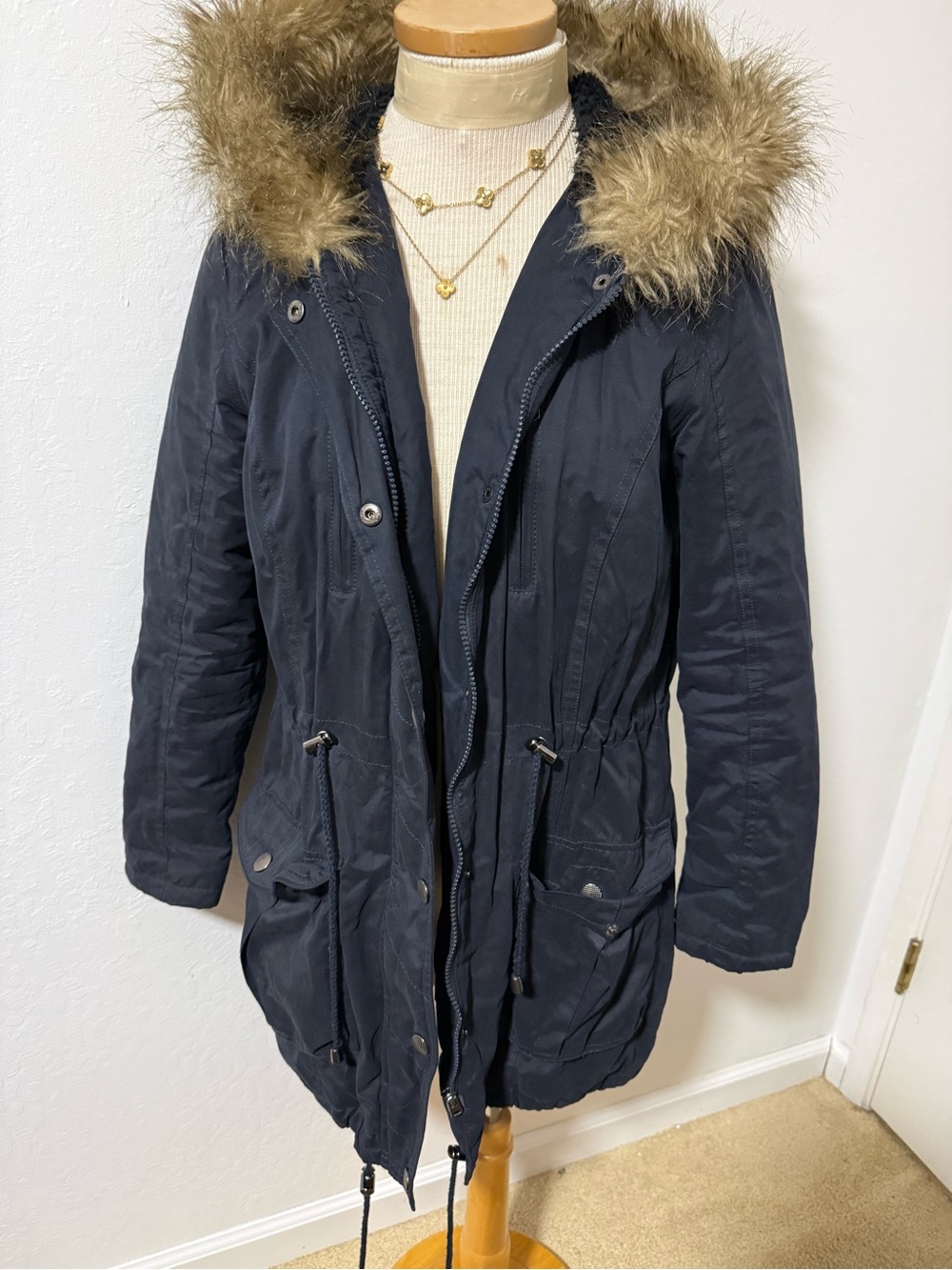 Forever 21 Navy Utility Parka with Faux Fur Trim Hood